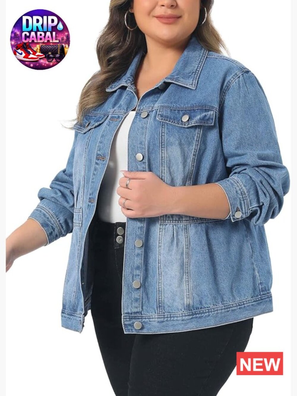Plus Size Denim Jacket Long Sleeve Button Front Washed Trucker Loose Jean Jacket